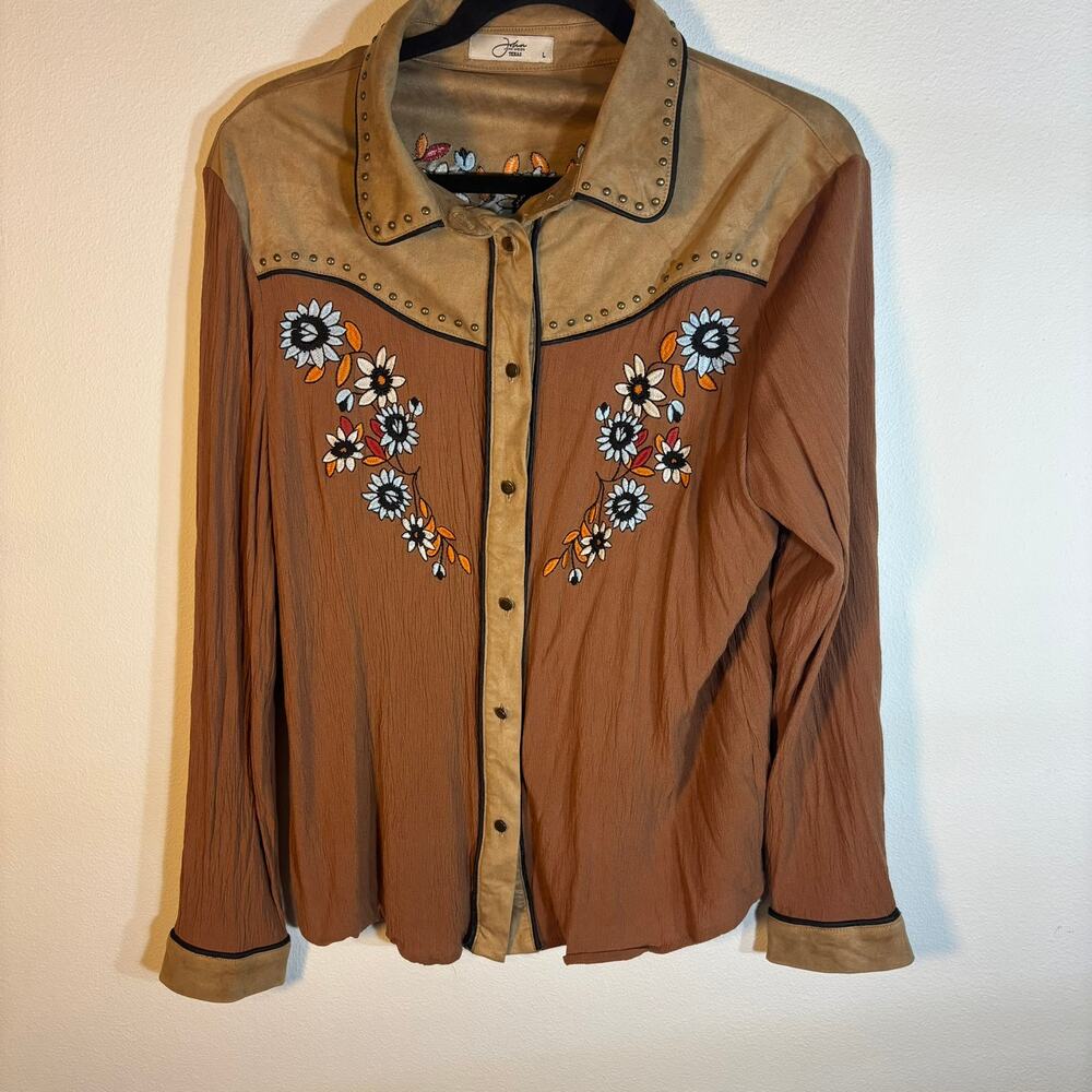 John Moon Texas Womens L Western Shirt Fringe Embroidered Studded Brown Cowgirl